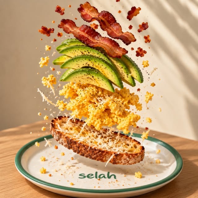 Tostada con huevo, aguacate y tocineta servida en un plato de Selah Bistró & Café