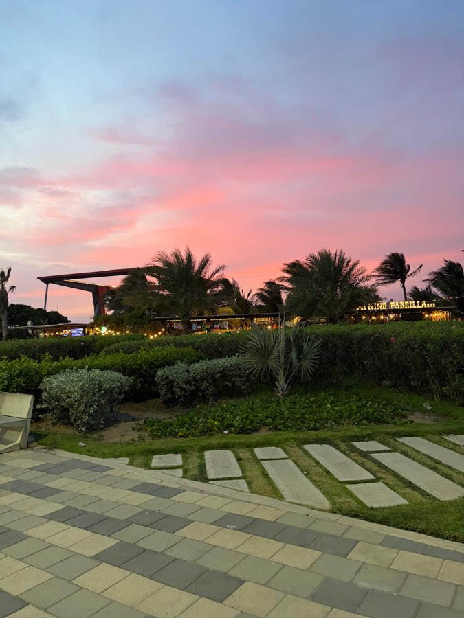 Cielo rosado al atardecer sobre los jardines del Gran Malecón