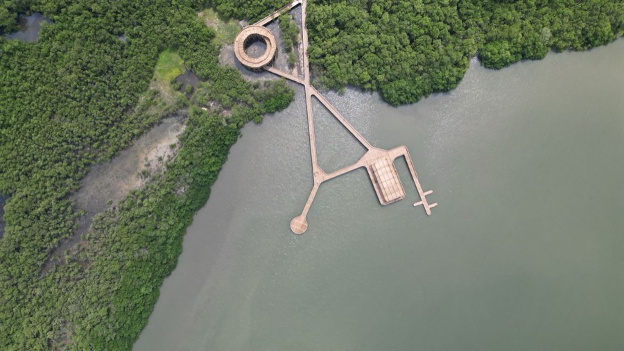 Vista aérea con dron del muelle del Ecoparque Ciénaga de Mallorquín