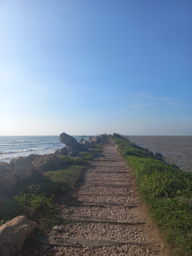 Sendero sobre el tajamar, entre el río Magdalena y el mar